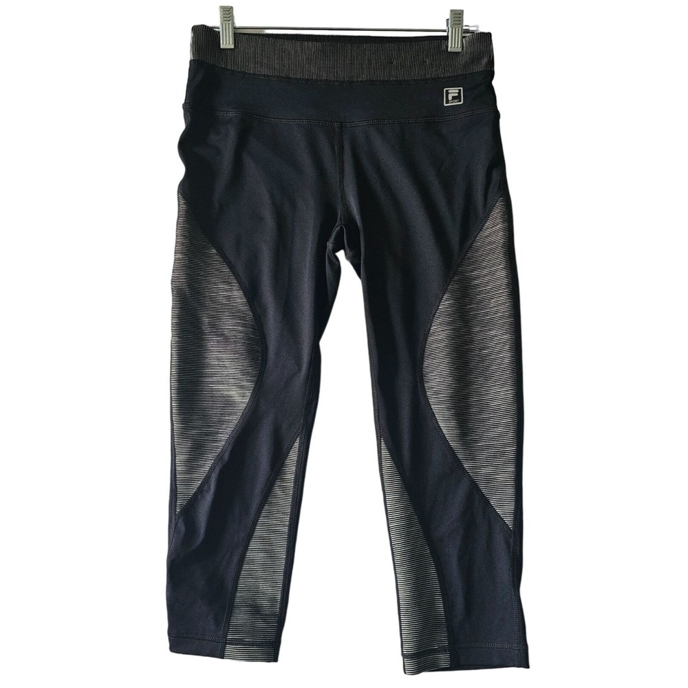 FILA Sport Women's Gray Striped Trim Wide Waistband Capri Crop Leggings Medium - Picture 2 of 10